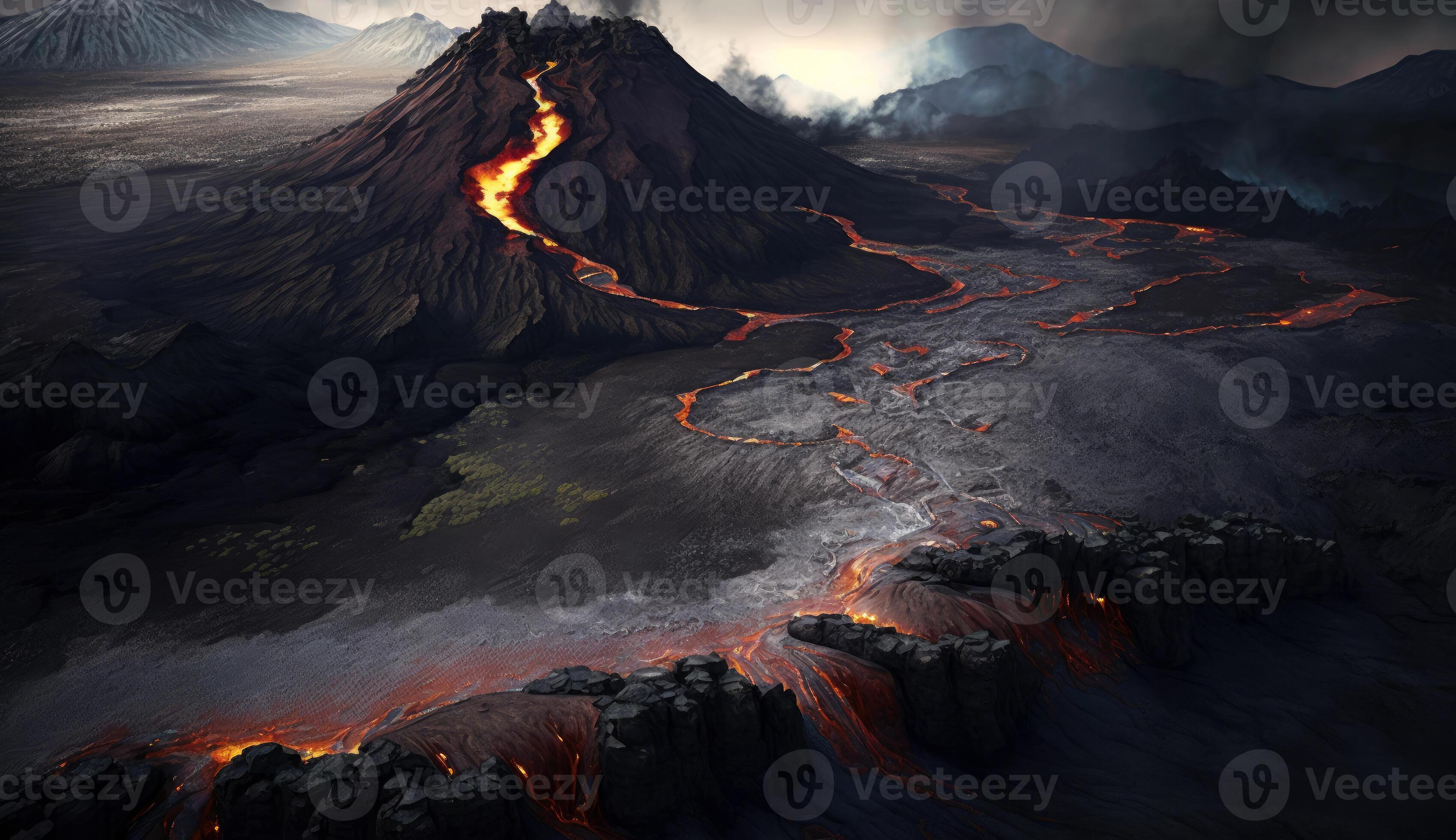 Aerial view of Volcano eruption with lava flowing on rock mountain