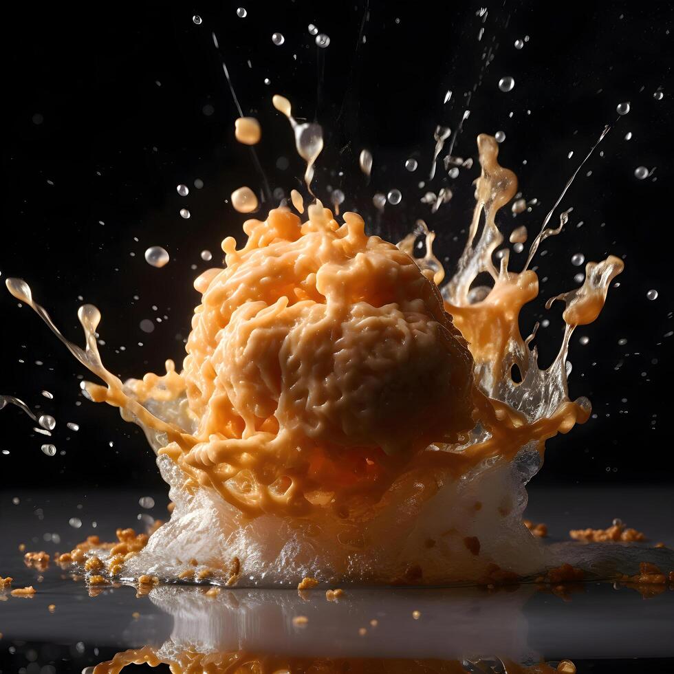 Burger with splashes of sauce on a black background. Close-up. photo