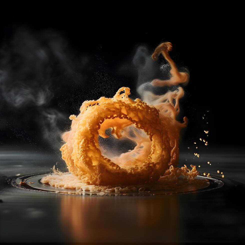 Close up of a cookie falling into water on a black background photo