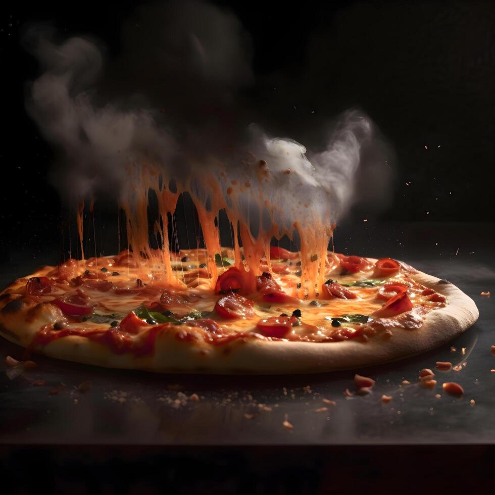 Pizza on fire with flames and smoke on black background, extreme