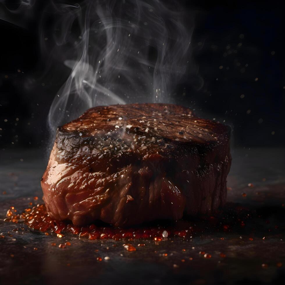 roast beef with spices on a black background with smoke and fire photo