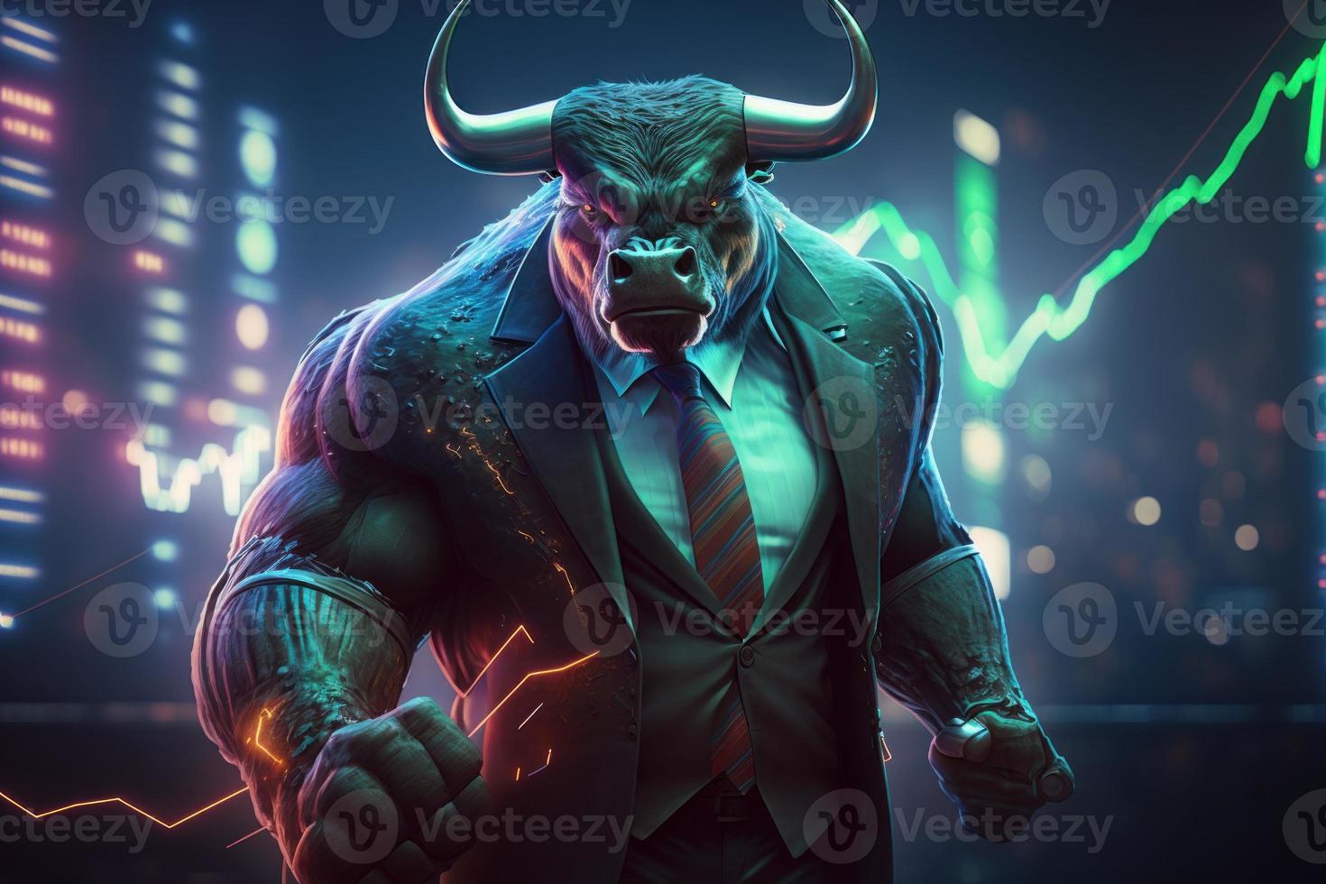 Angry bull wearing suit with trading graph on computer screen background photo