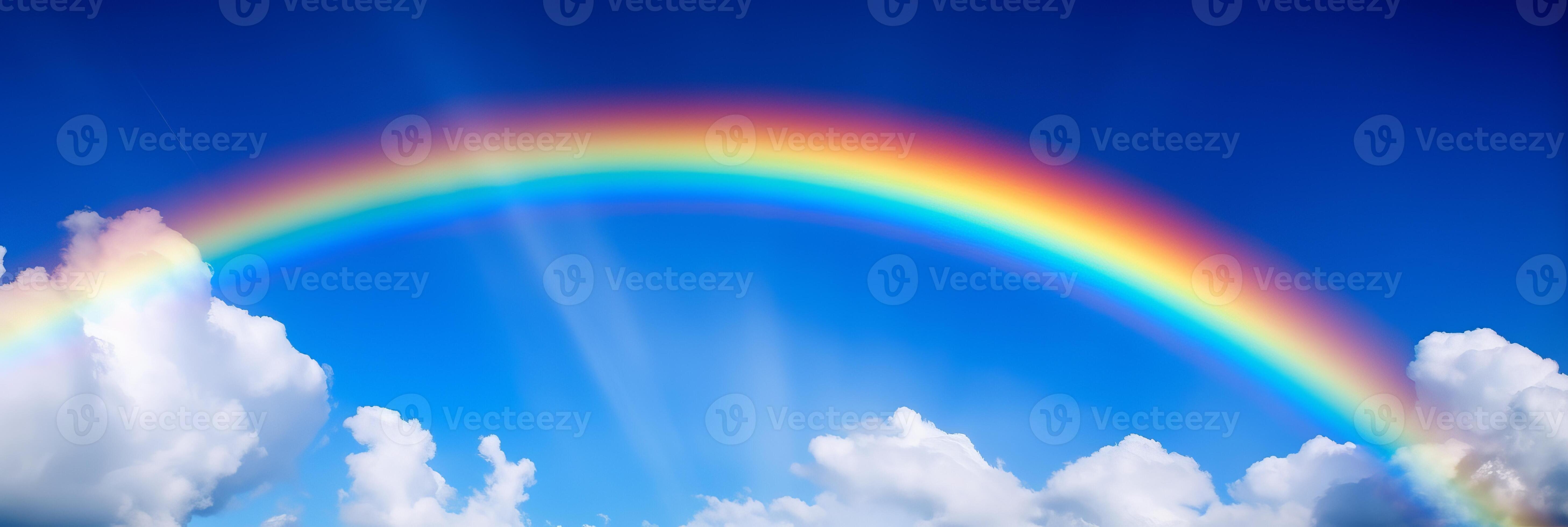 Rainbow on blue sky background, Beautiful rainbow cloudy sky after rain