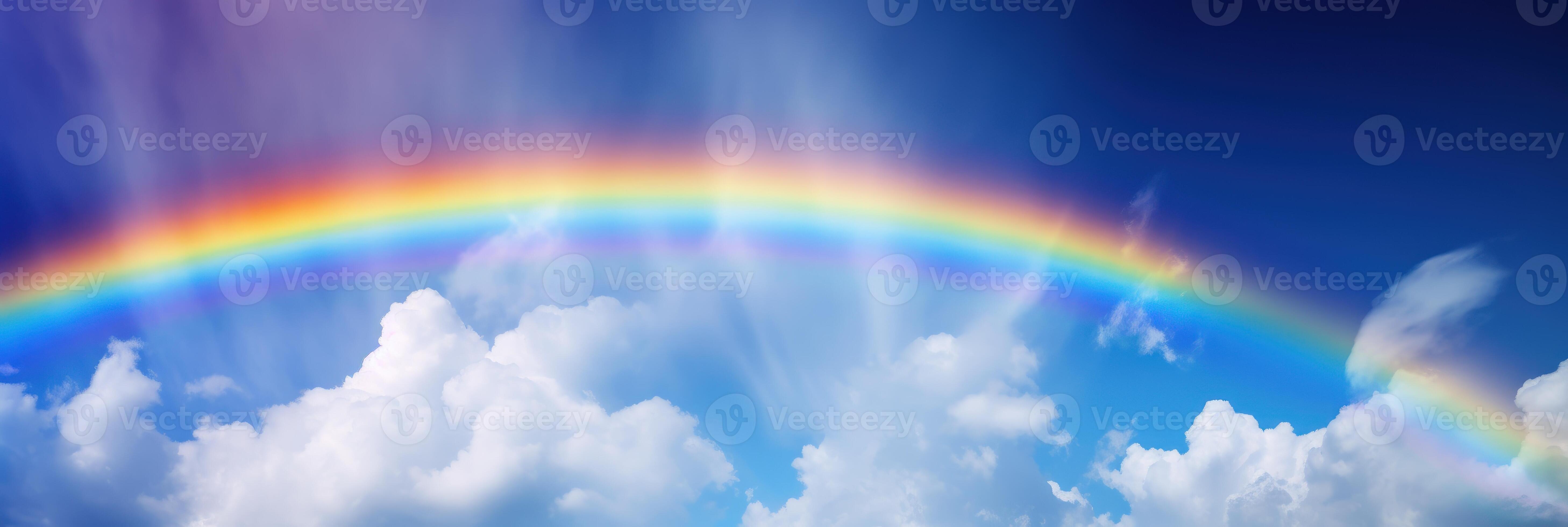 Rainbow on blue sky background, Beautiful rainbow cloudy sky after rain