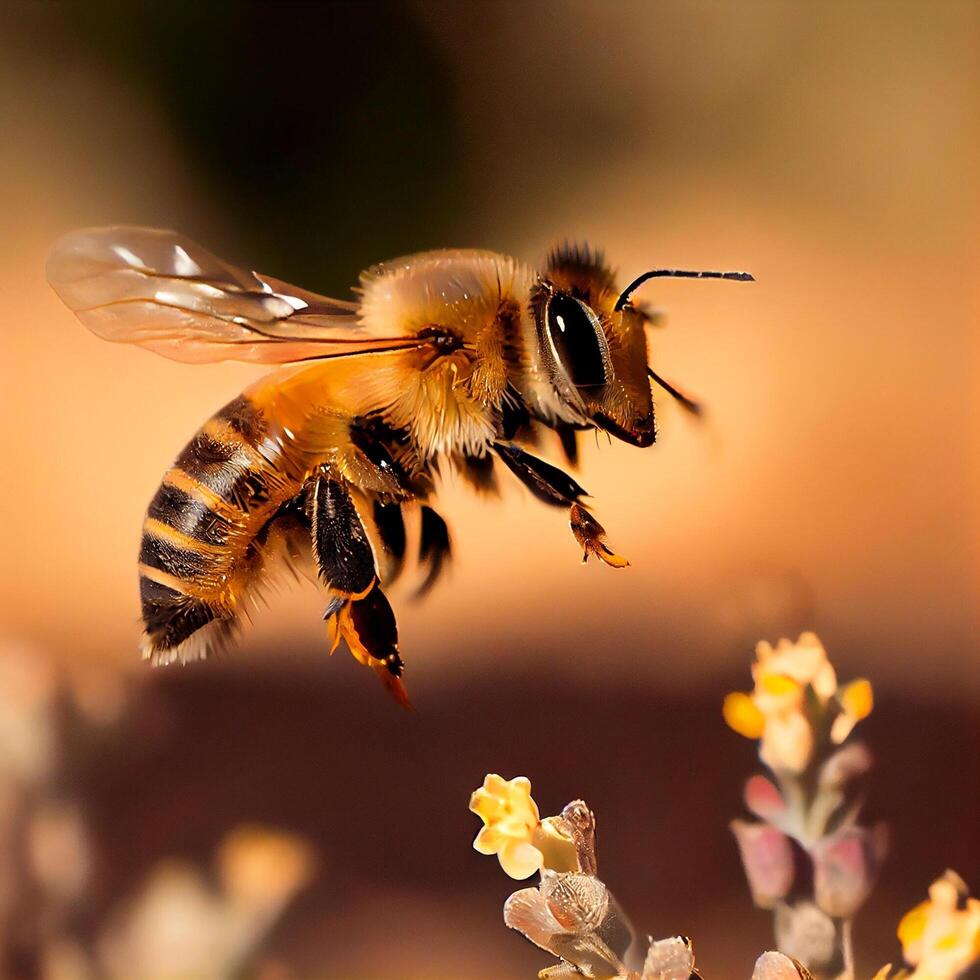 Honey bee fly in the garden with flower and nectar photo