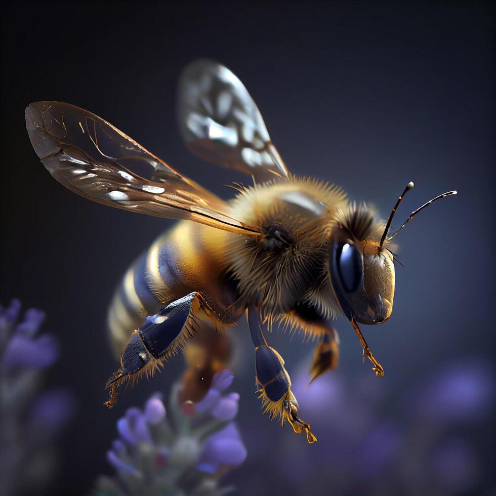 Honey bee fly in the garden with flower and nectar photo