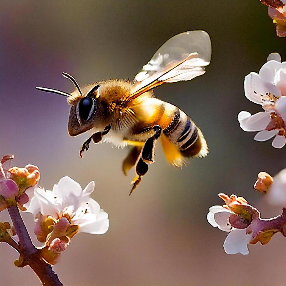 Honey bee fly in the garden with flower and nectar photo