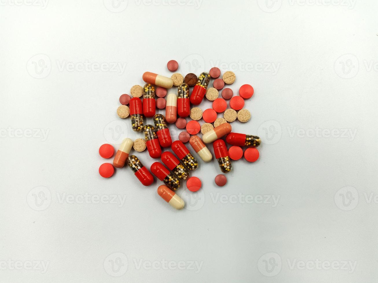 Assorted pharmaceutical medicine pills, tablets and capsules photo