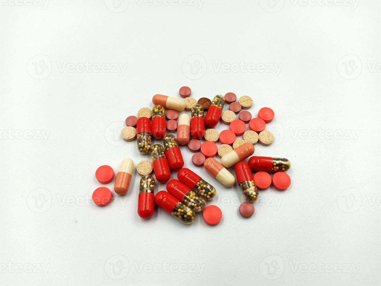 Assorted pharmaceutical medicine pills, tablets and capsules photo