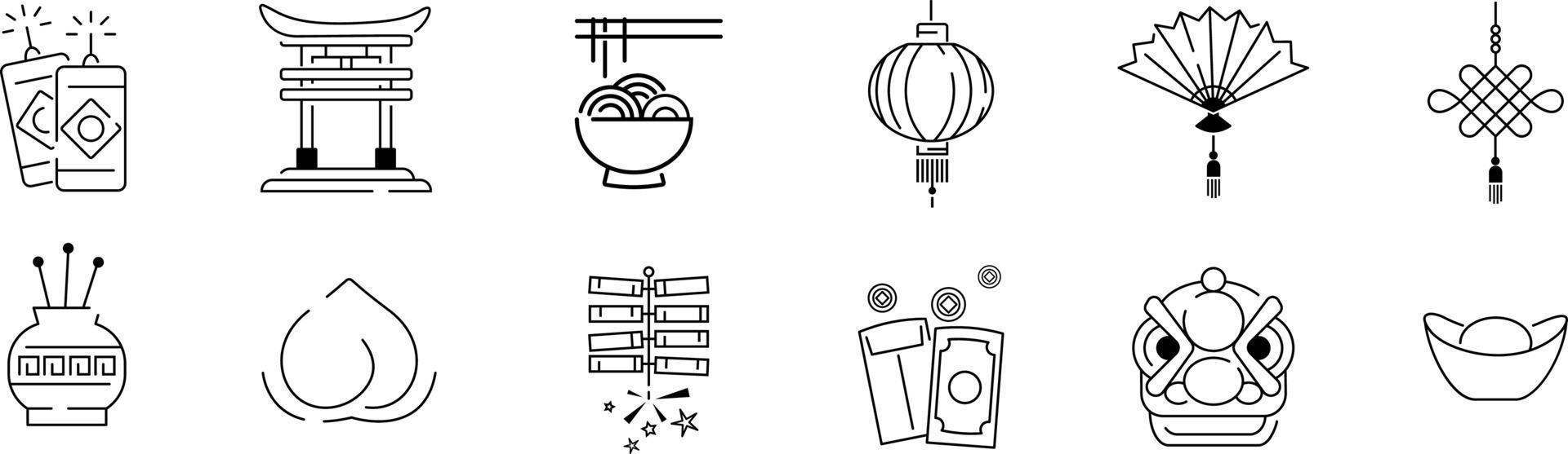 Chinese new year line icon set. Included the icons as firecracker, dragon, lion, dog, plum, fan, lamp and more. vector