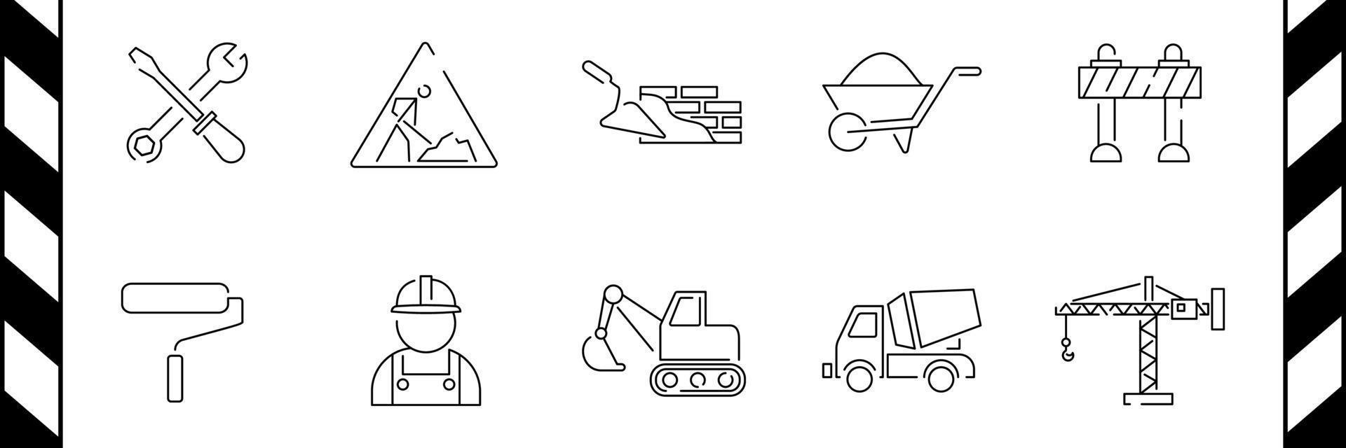 Set of construction Related Vector Line Icons. Includes such Icons as construction tools and equipment, putty knife, ladder, Builder and more.