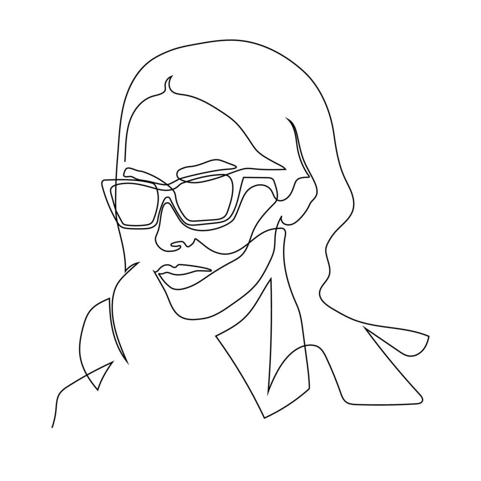 elegante uno continuo línea mujer en Gafas de sol. de moda tipografía niña en minimalista estilo. belleza signo. atractivo Moda modelo. verano moda. vector