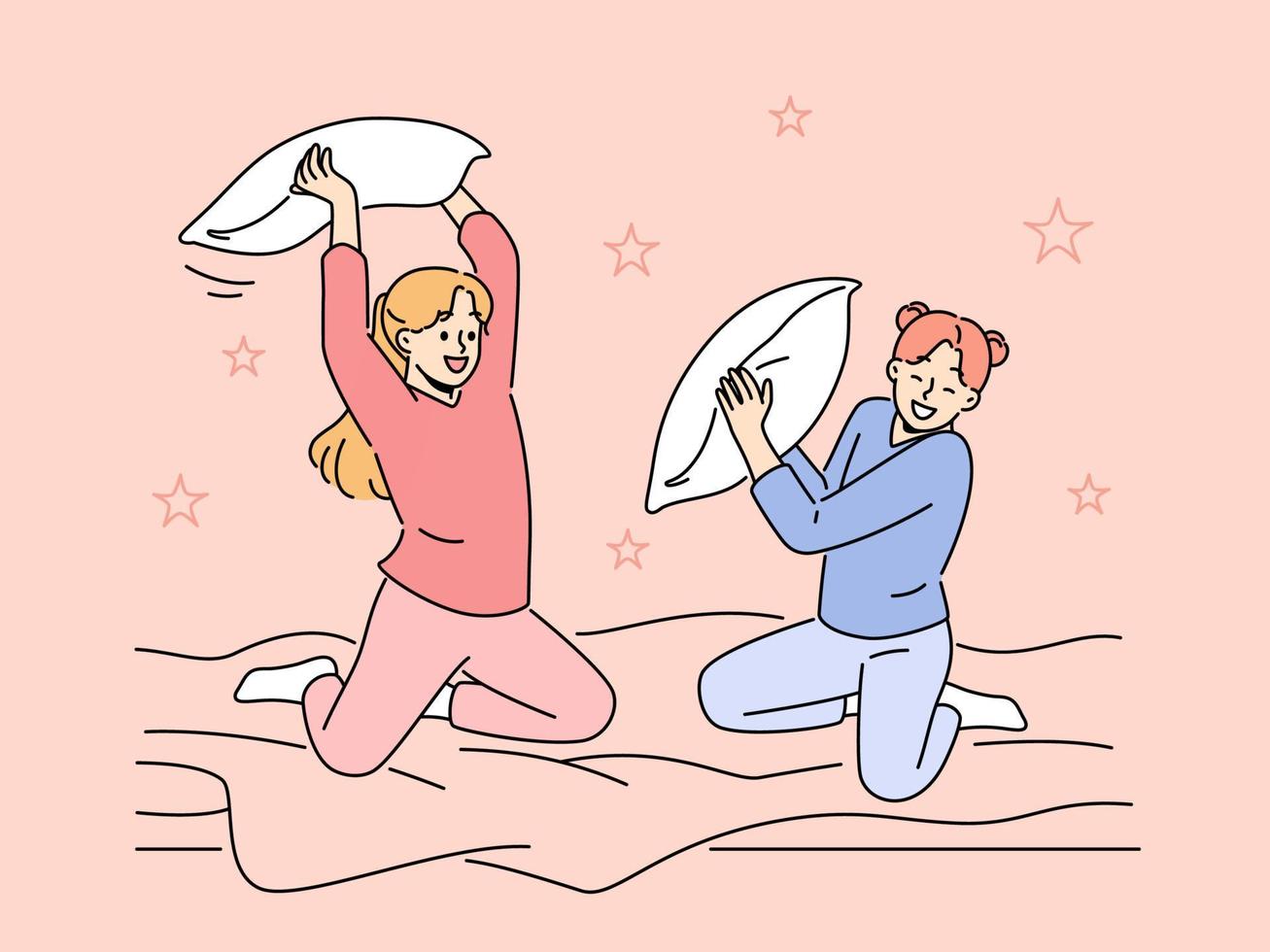 Smiling girls have fun engaged in pillow fight in bedroom. Happy children enjoy pajama party in bed at home. Vector illustration.