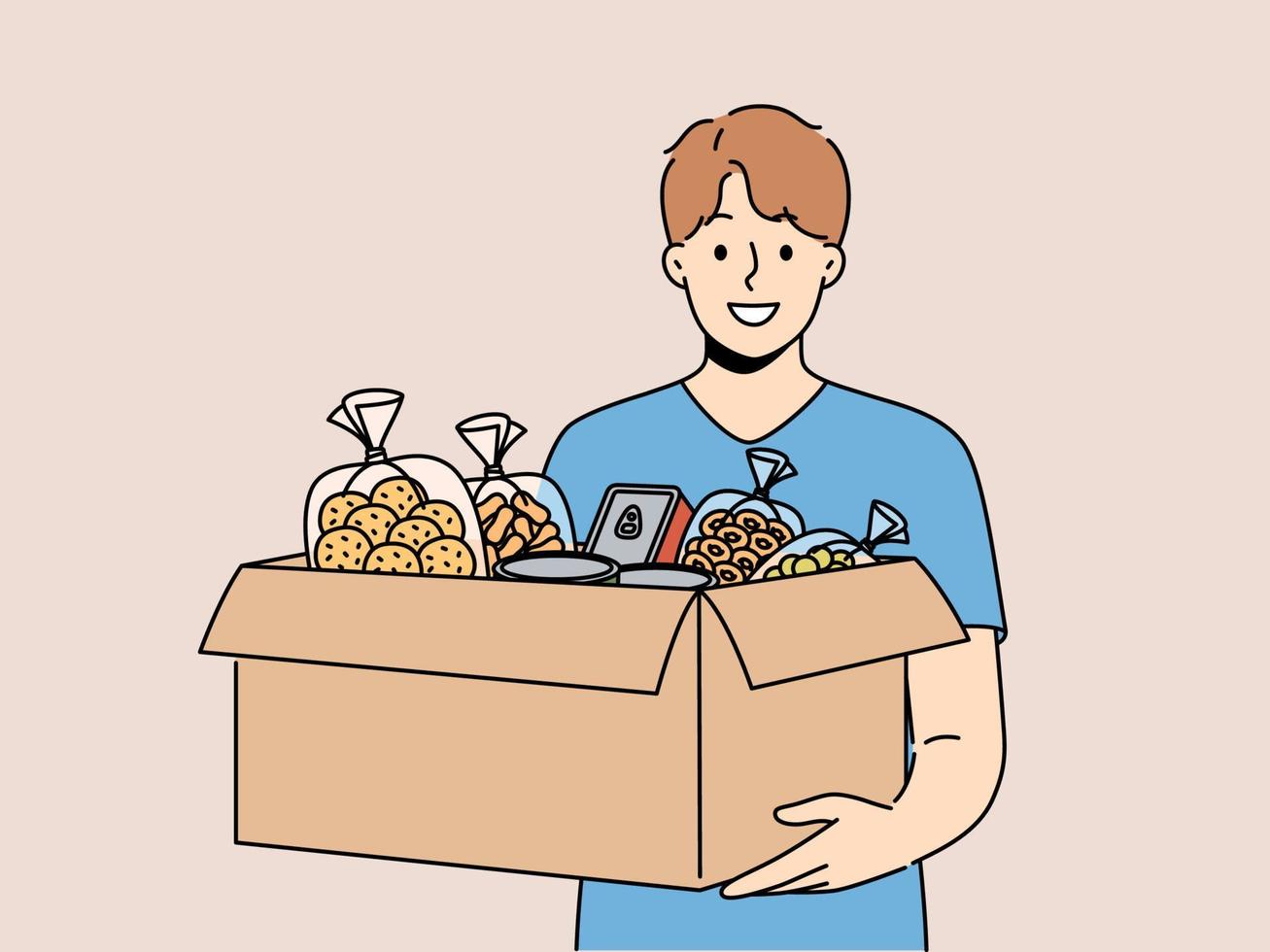 Smiling male volunteer with box of food bring donation at crisis or refugee center. Happy man activist volunteer help homeless or poor people. Vector illustration.