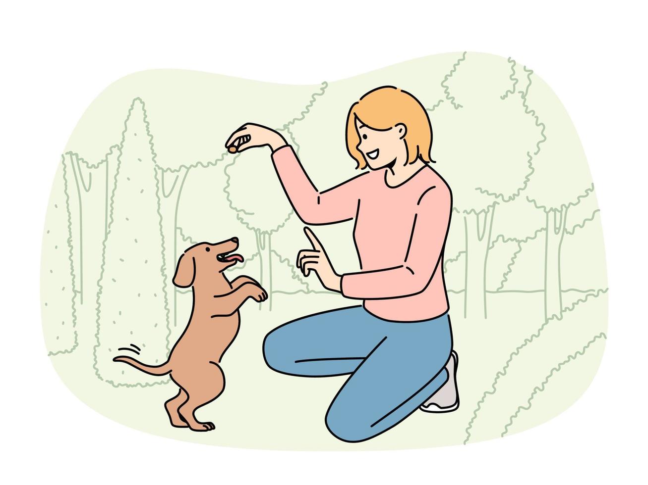 Smiling woman playing with puppy in park. Happy girl have fun learn commands with cute dog in forest. Vector illustration.