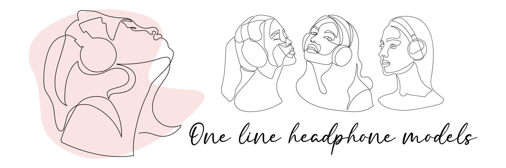 continuous single drawn one line set. girl woman or man listens to music with headphones hand-drawn picture silhouette. Line art. Fashion. vector