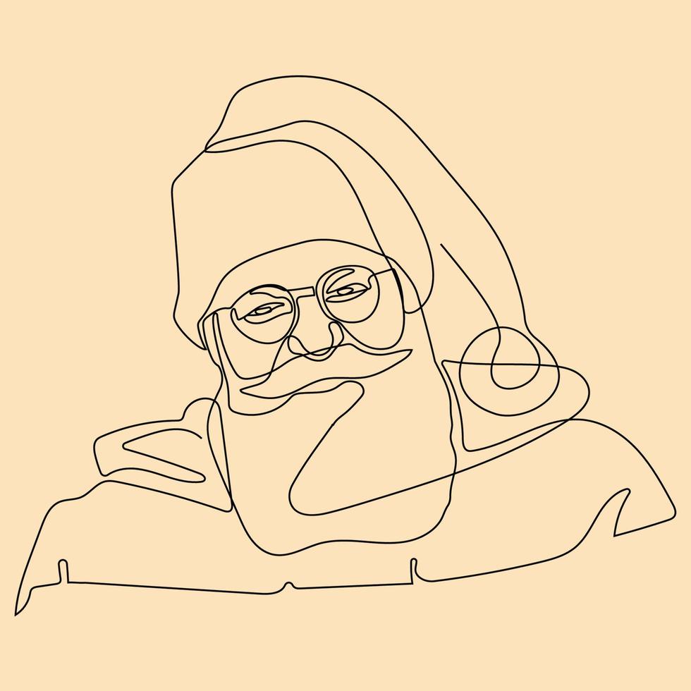 Santa Claus continuous line face. The Symbol Of Christmas. Vector Illustration one line art Black and White, Isolated. Coloring page. Happy new year and merry christmas.