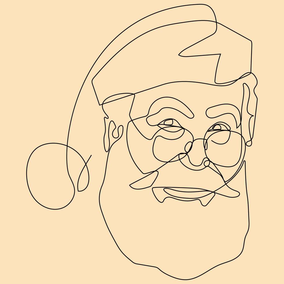 Santa Claus face. Continuous line portrait of Santa. One line Black white christmas sketch the head of Santa Claus. Happy new year. vector