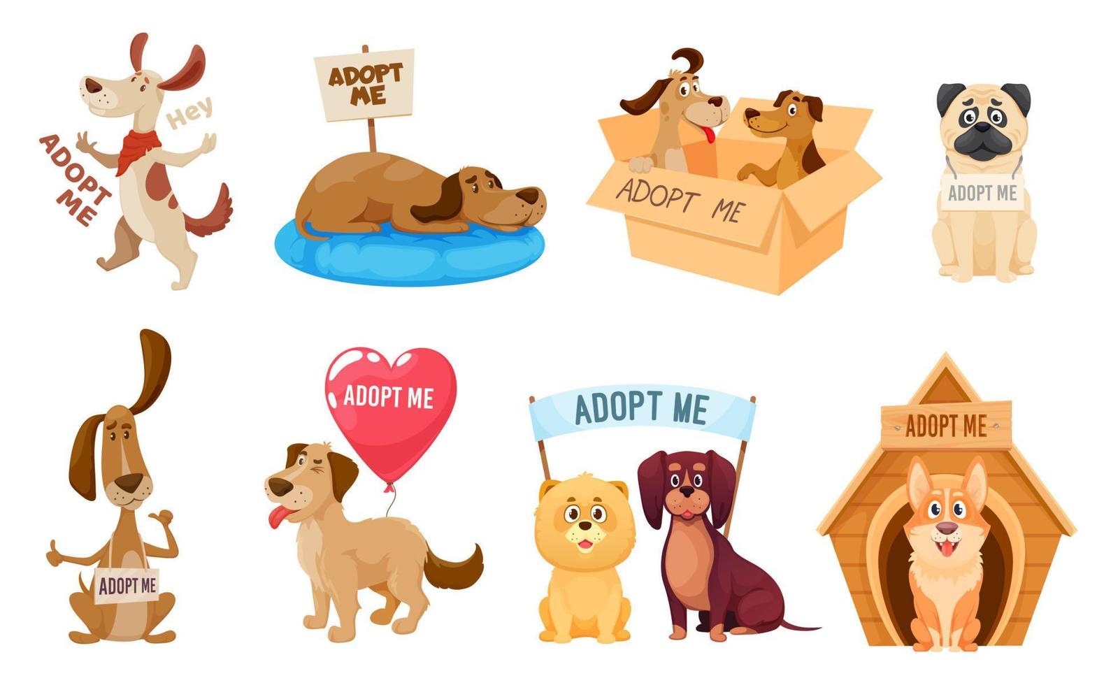 Adopt dog, pet animals adoption shelter signs vector