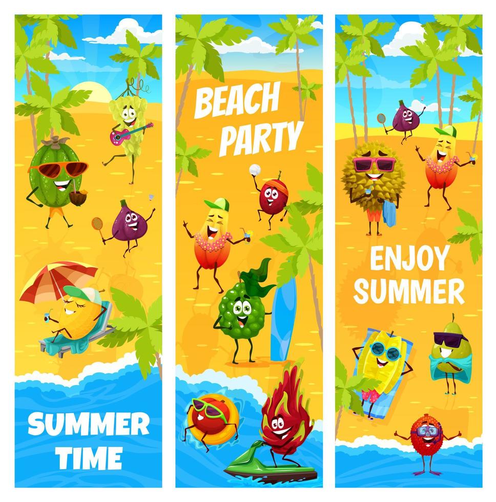 Cartoon fruits characters on summer vacation party vector