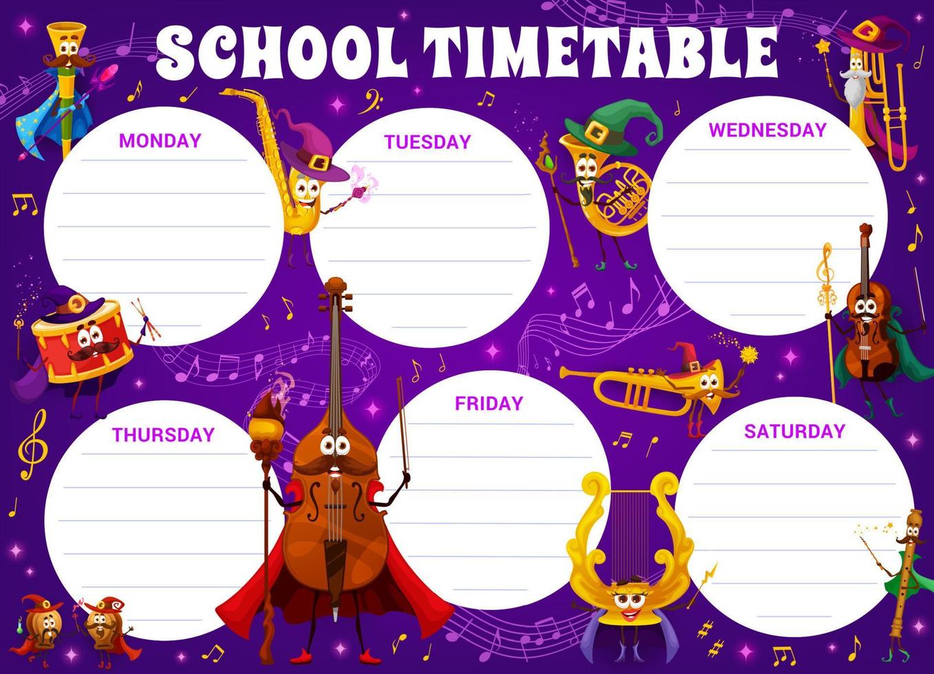 Timetable wizard musical instrument characters vector