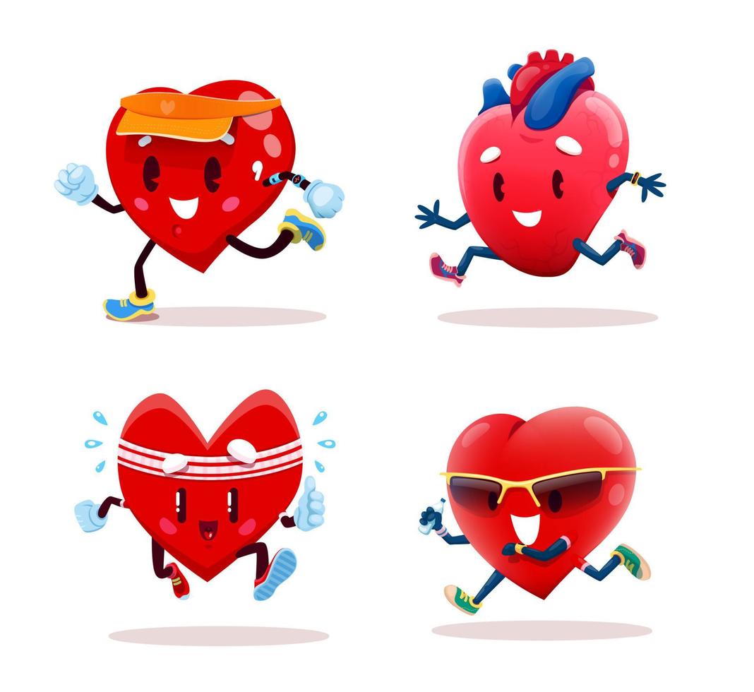 Cartoon running heart character, fitness tracker vector