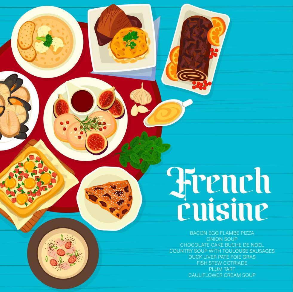 francés cocina menú cubrir, comida platos de Francia vector