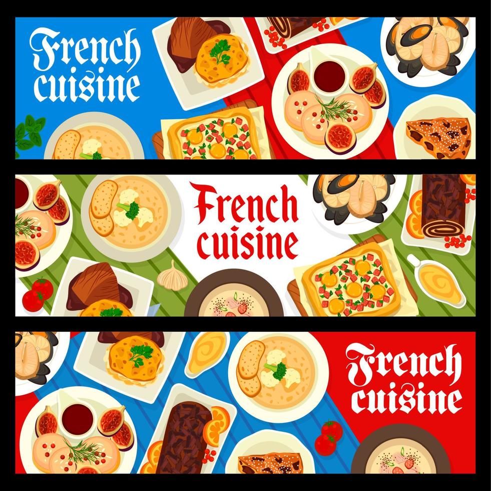 francés cocina pancartas, Francia gastrónomo comida platos vector