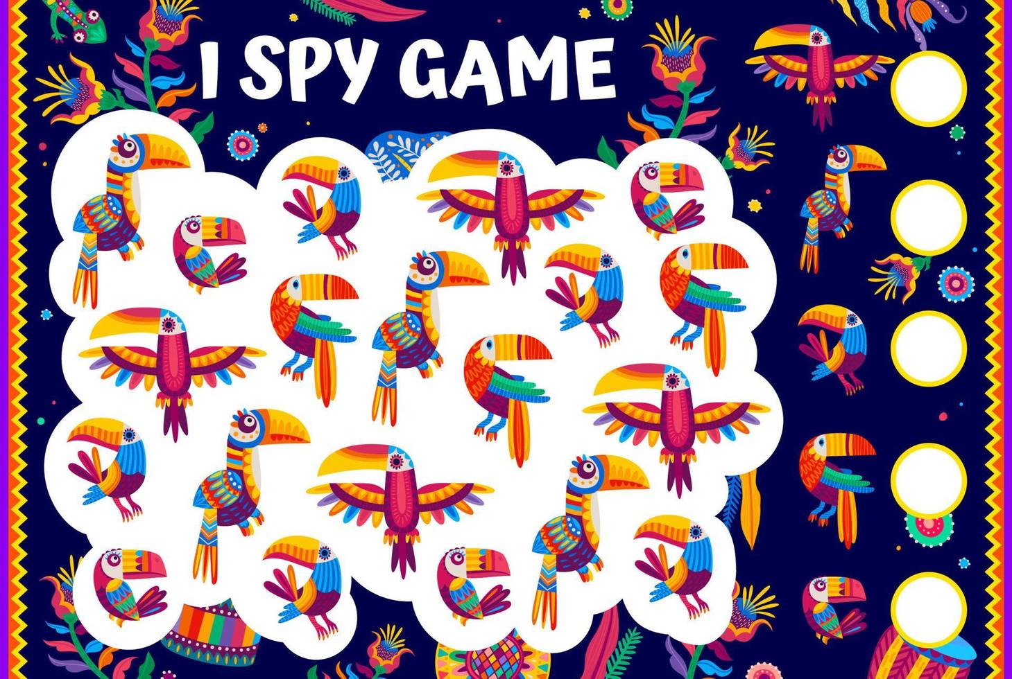 I spy game worksheet, Mexican cartoon toucan birds vector