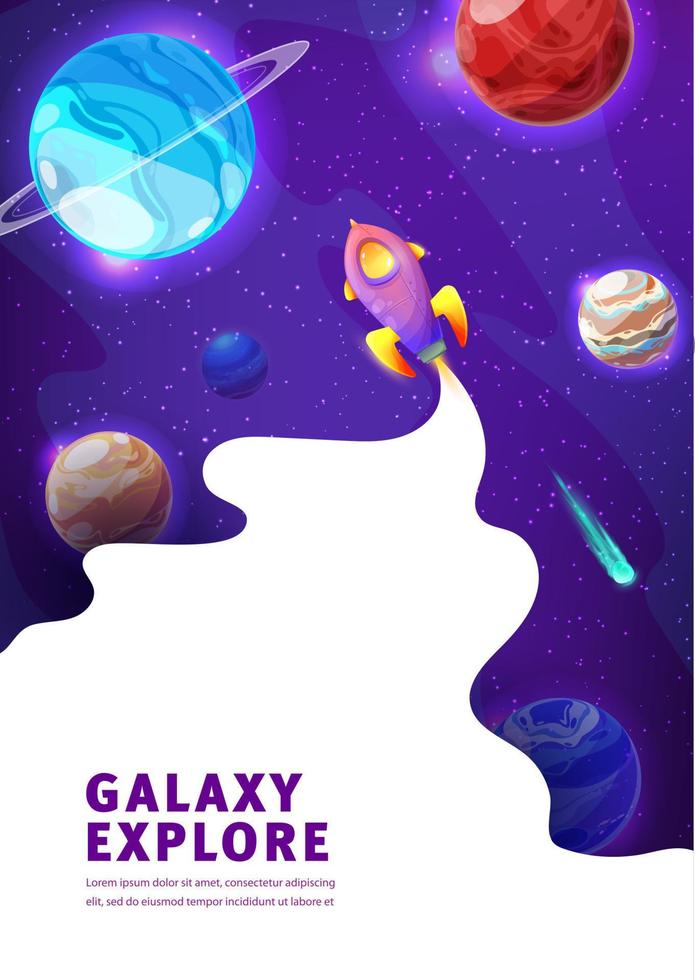 Space landing page. Galaxy landscape with rocket vector