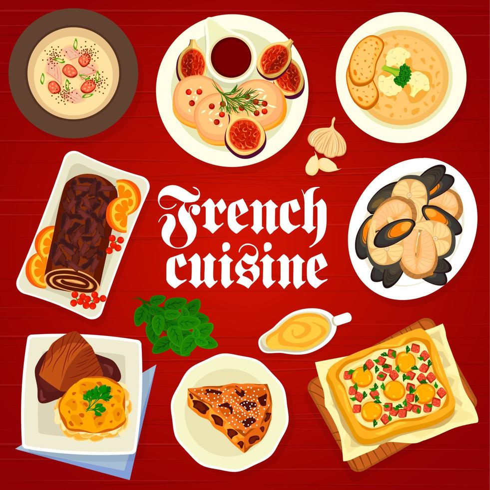 French cuisine menu cover, food dishes and meals vector