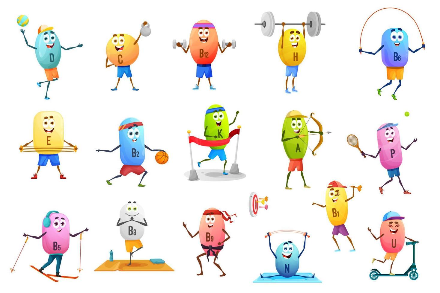 Cartoon cheerful vitamin characters on sport, play vector