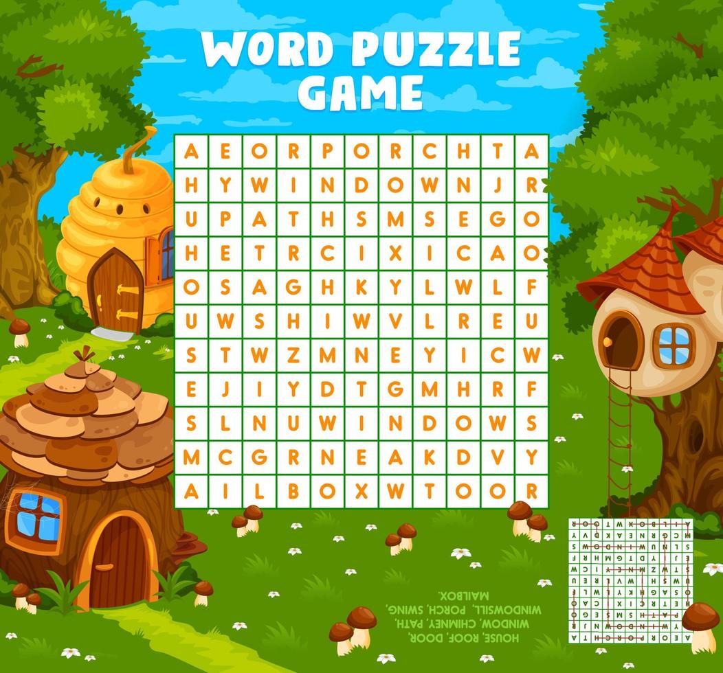 Fairytale cartoon houses word search puzzle game vector