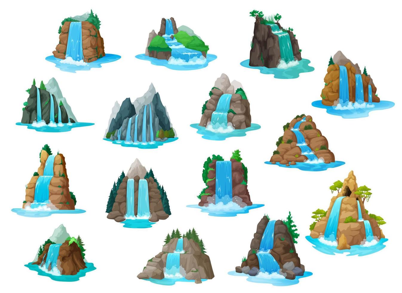 Waterfall and water cascades, cartoon game assets vector