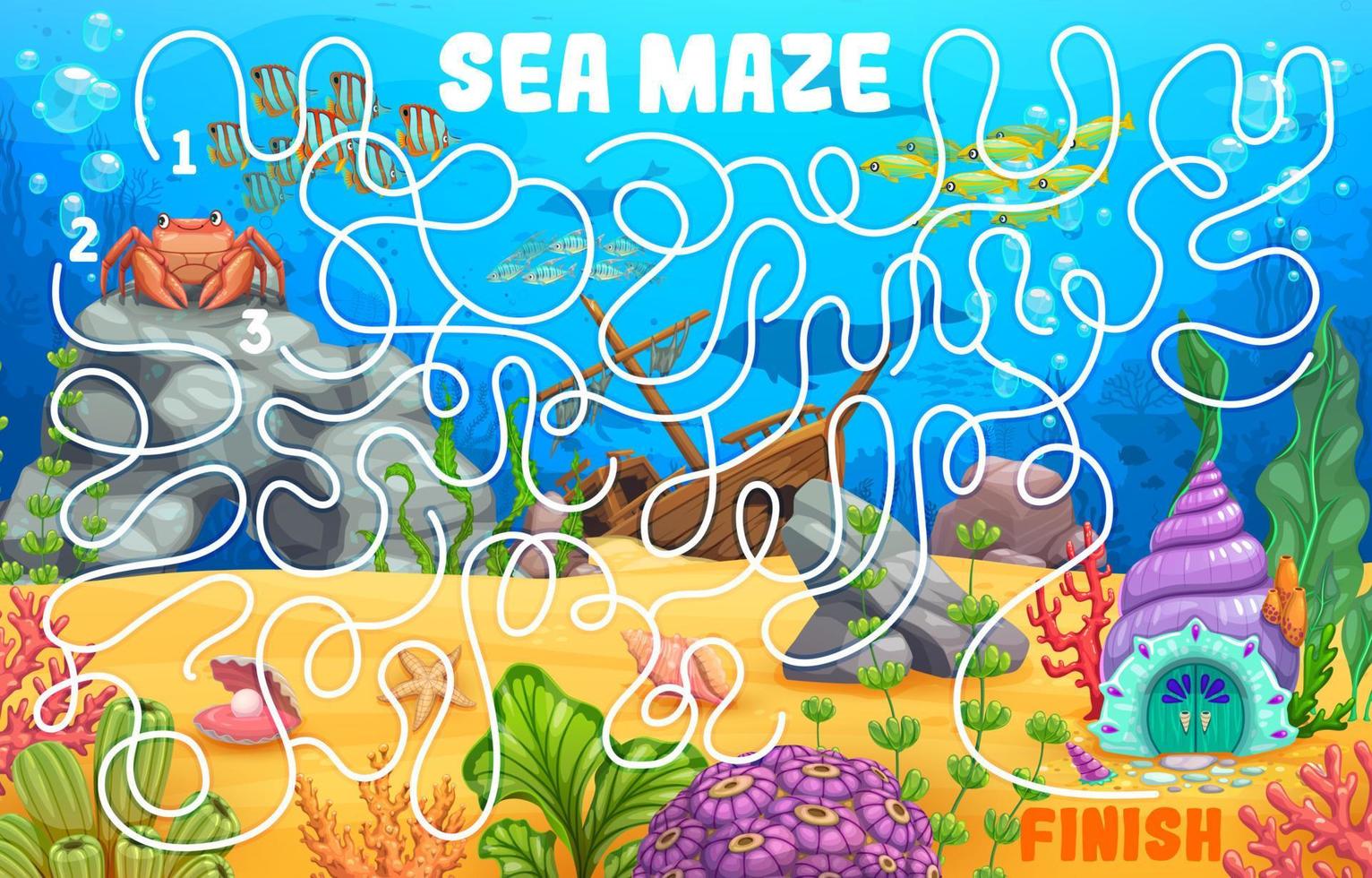 Labyrinth maze cartoon underwater landscape, quiz vector