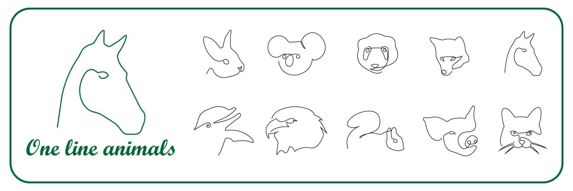 Farm and wild animals one line icons set. Horse, panda, dolphin, pig, eagle, koala, cat, rabbit, squirrel drawings in outline, single line and continuous line. vector