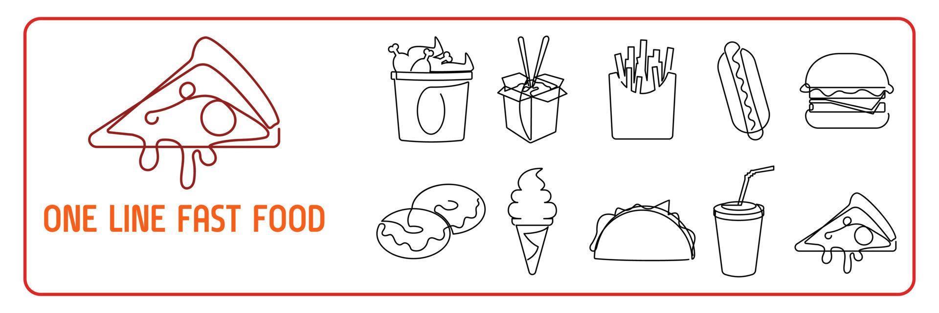 Fast food one line or continuous line icon set. Burger, pizza and chips fries linear signs. Flat linear icons on white background. Vector. vector