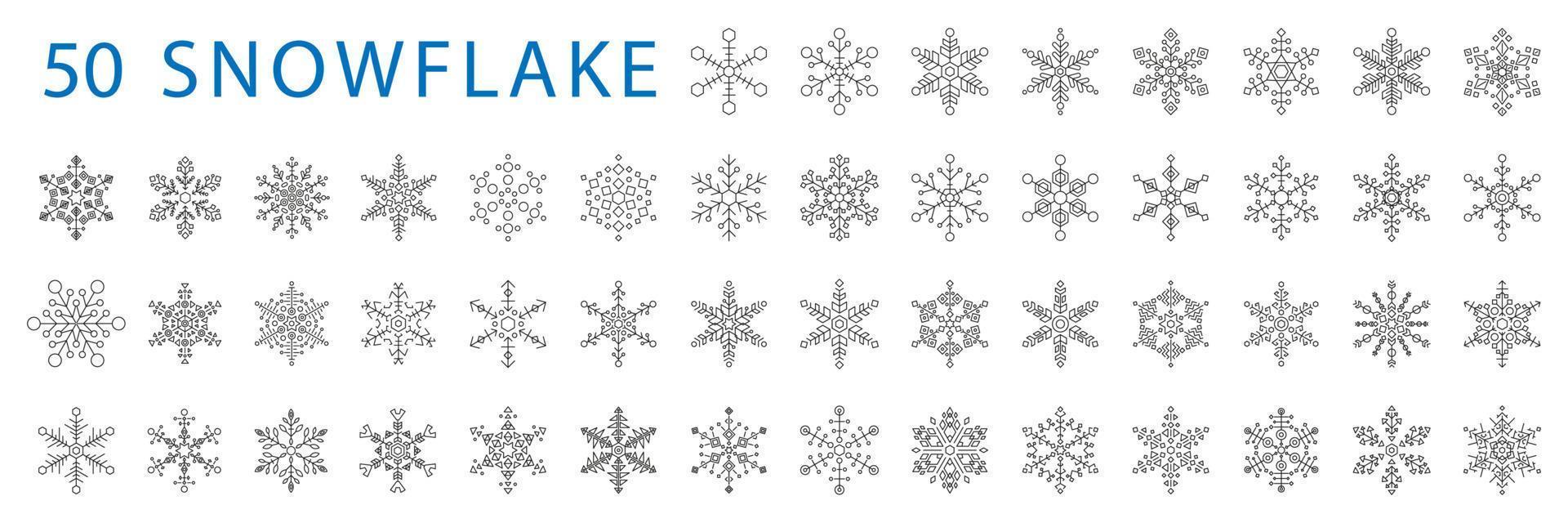 Snowflake christmas xmas 50 new year winter celebration decoration symbol vector outline line black on white background icons set.