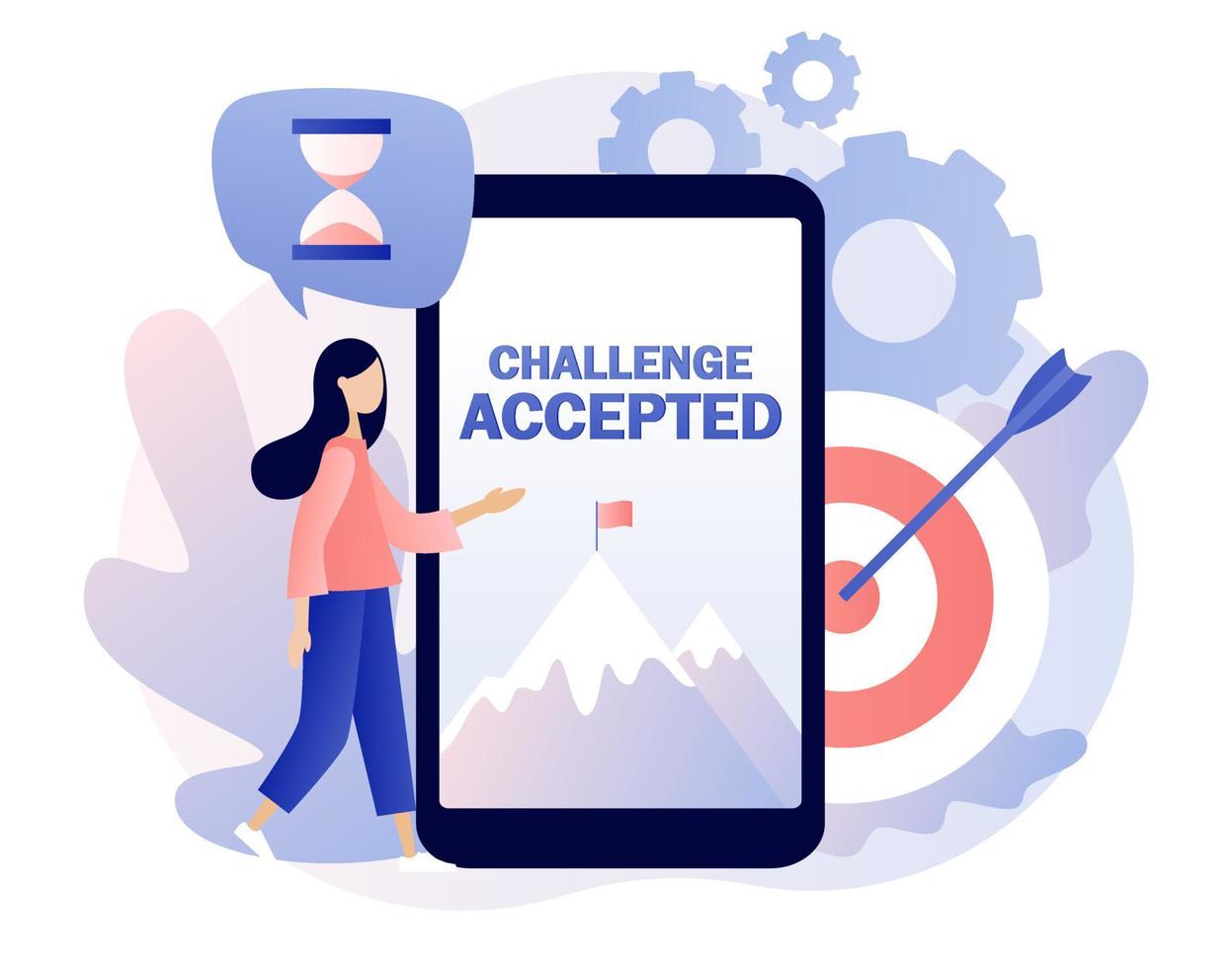 Challenge Accepted big text and flag on the mountain peak on screen smartphone. Business challenge, goal achievement, success, winning. Tiny girl for way to goal. Modern flat cartoon style. Vector