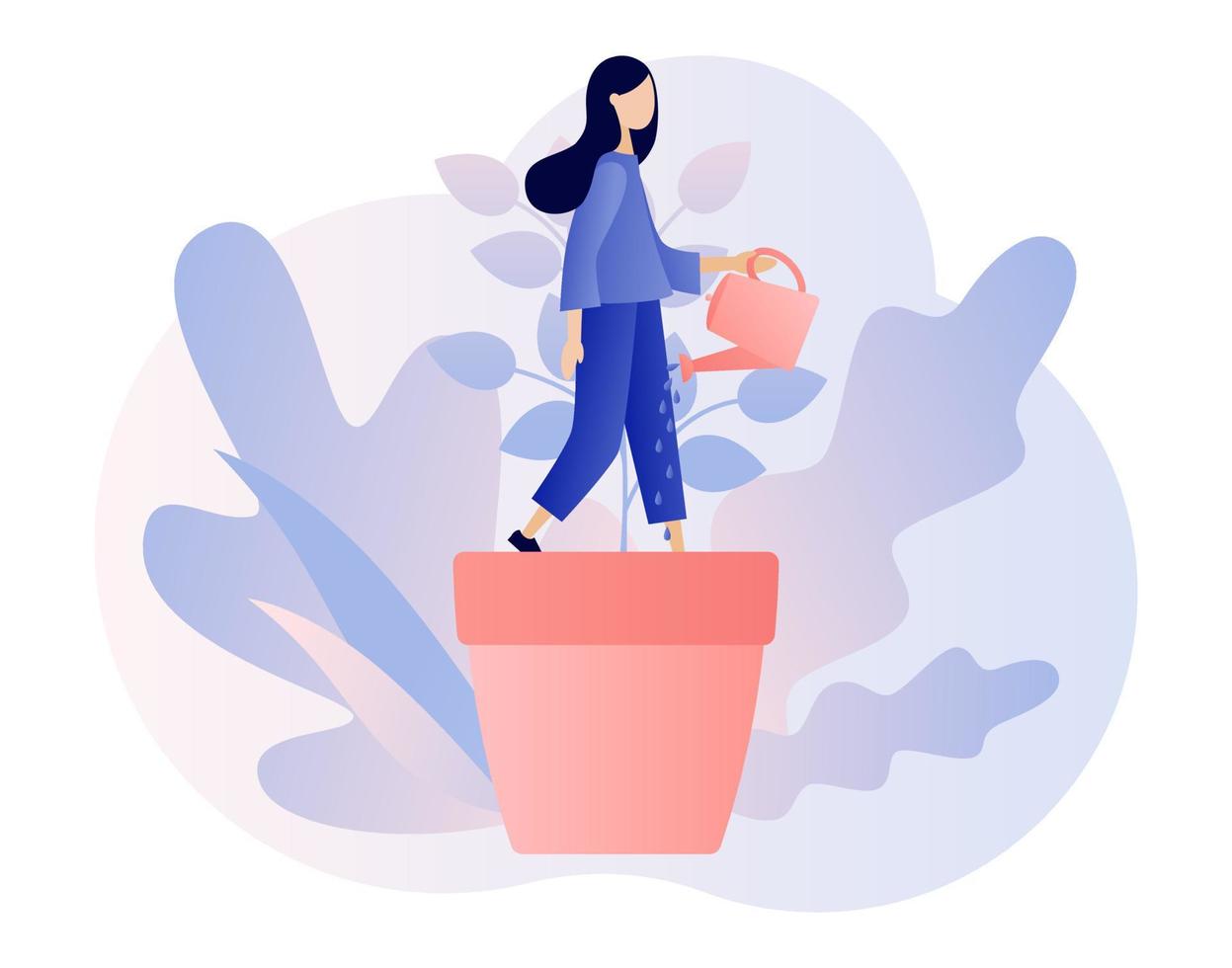 Personal growth concept. Tiny woman in flowerpot watering herself. Metaphor growth personality as plant. Self-improvement and self development. Modern flat cartoon style. Vector illustration