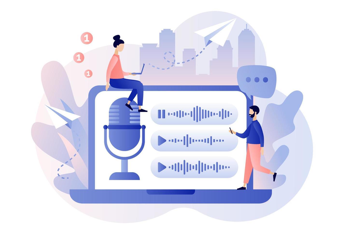 voz mensajes concepto. minúsculo personas utilizar micrófono en ordenador portátil a grabar mensaje o a voz asistente. charla aplicación en línea comunicación. moderno plano dibujos animados estilo. vector ilustración en blanco antecedentes