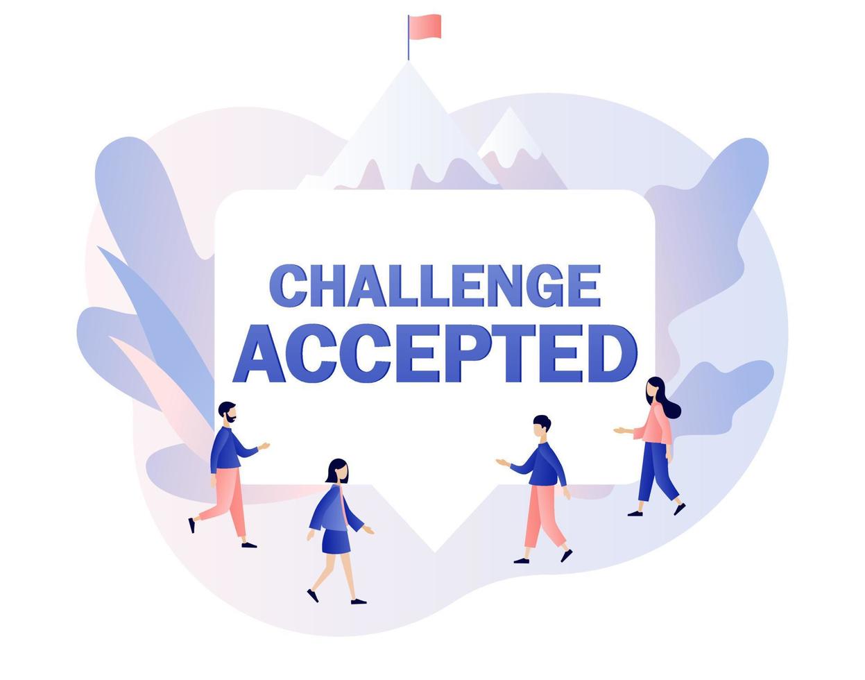 Challenge Accepted big text. Tiny people for way to goal. Business challenge, goal achievement, success, winning. Flag on the mountain peak. Modern flat cartoon style. Vector illustration