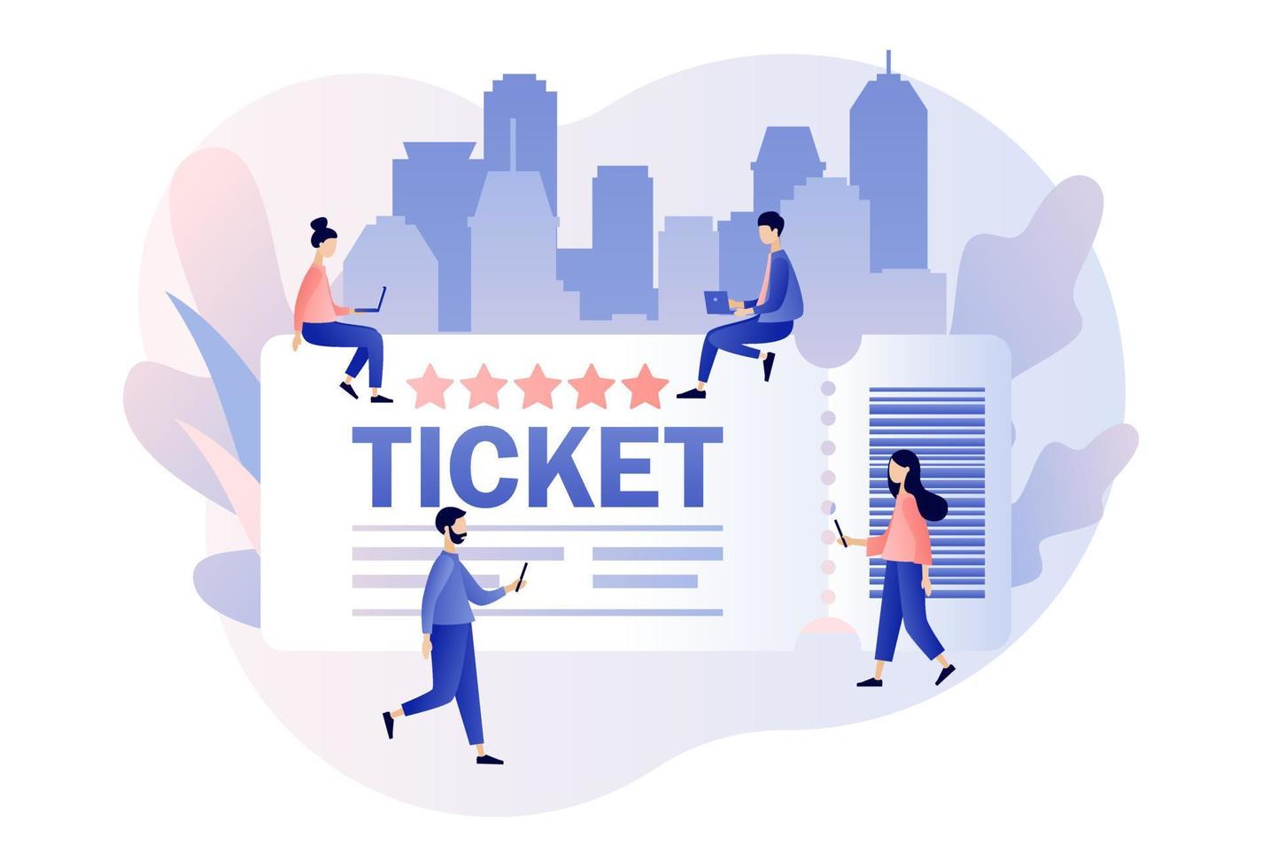 Tickets online sale. Tiny people with big ticket for cinema, theater, party, play, festival, event, concert. Modern flat cartoon style. Vector illustration on white background