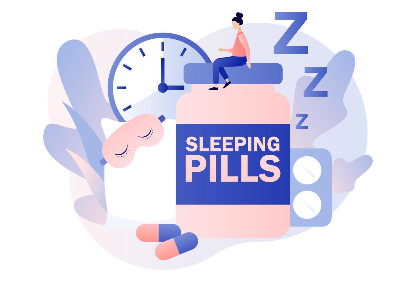 Tiny woman suffers from insomnia in bedroom surrounded by alarm clock, sleeping pills, pillow, mask. Sleep control. Stress, depression and sleeping problems. Modern flat cartoon style. Vector