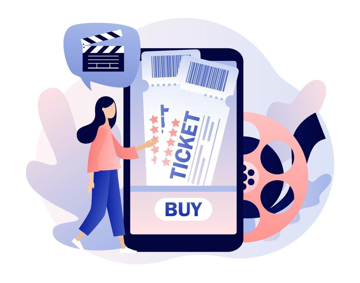 Movie tickets online sale. Tiny girl buy tickets on the smartphone app. Online cinema. Mobile movie theater. Cinematography. Modern flat cartoon style. Vector illustration on white background