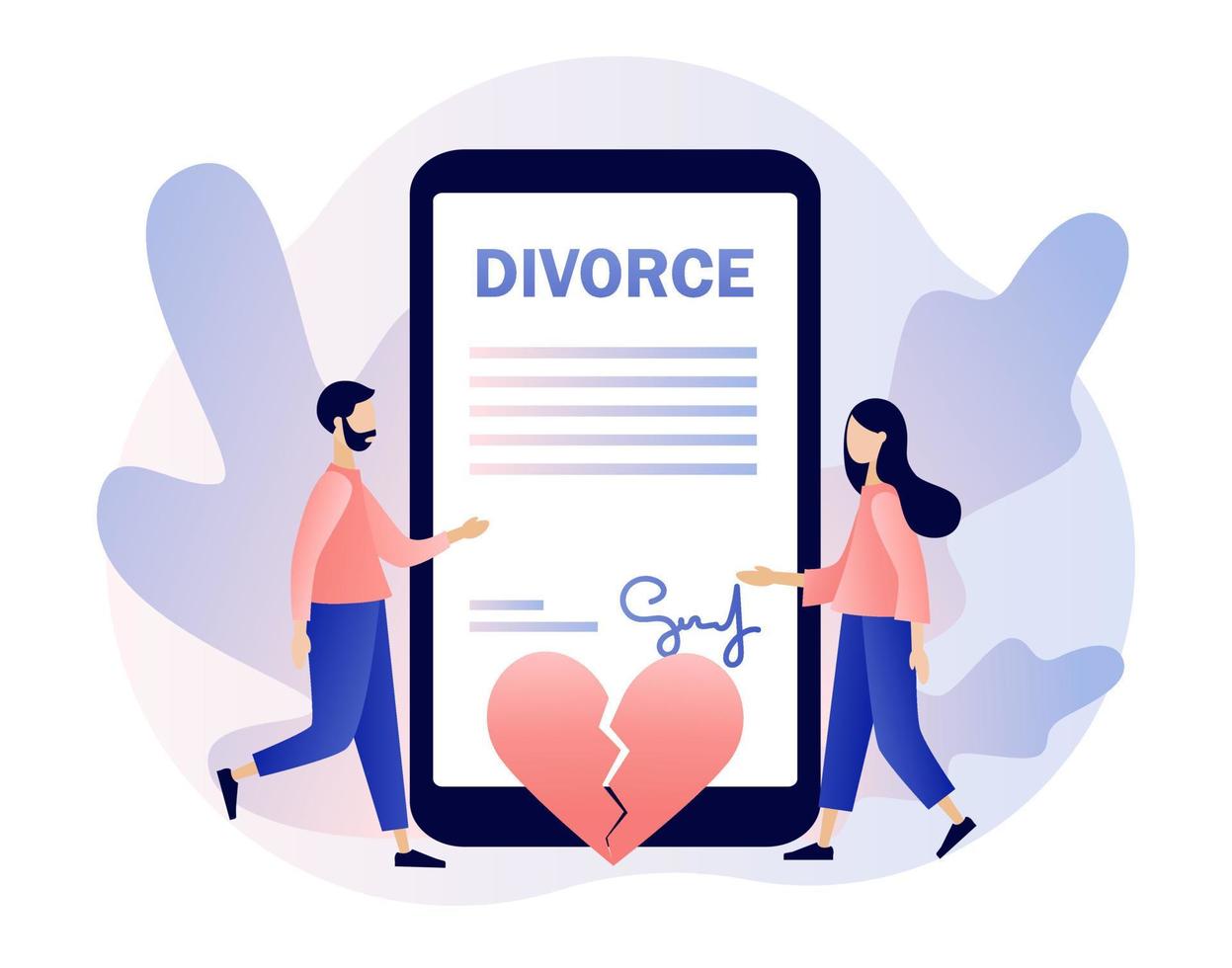 Divorce concept. Tiny people relationship breakup. Husband and wife sign agreement divorce document and property divison in smartphone app. Broken heart. Modern flat cartoon style. Vector illustration