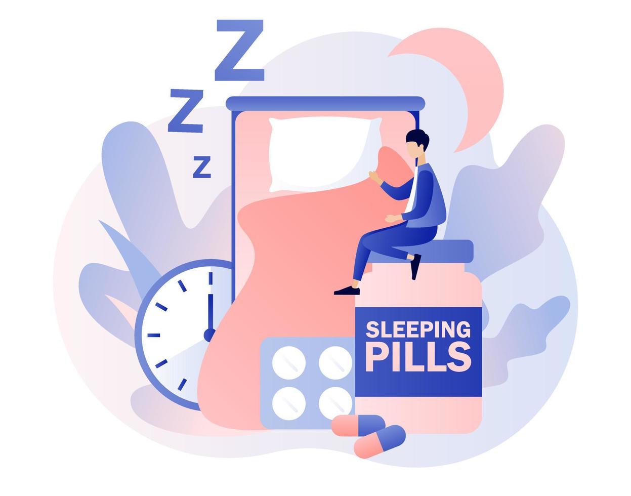 Tiny man suffers from insomnia in bedroom surrounded by alarm clock, sleeping pills, bed. Sleep control. Stress, depression and sleeping problems. Modern flat cartoon style. Vector illustration