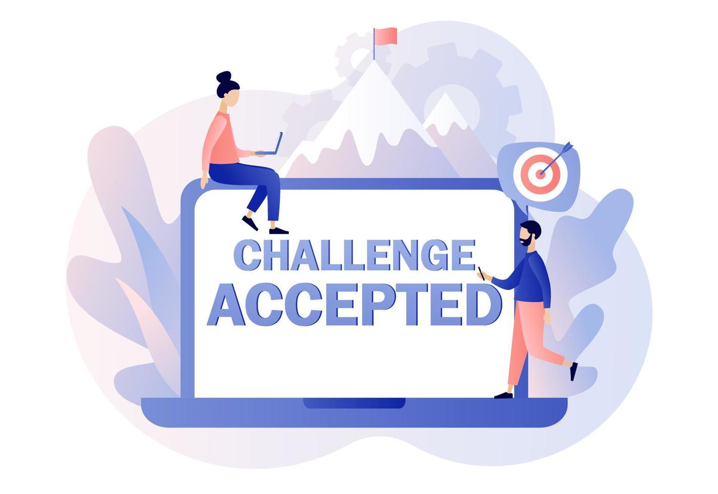 Challenge Accepted big text on screen laptop. Business challenge, goal achievement, success, winning. Tiny girl for way to goal. Flag on mountain peak. Modern flat cartoon style. Vector illustration