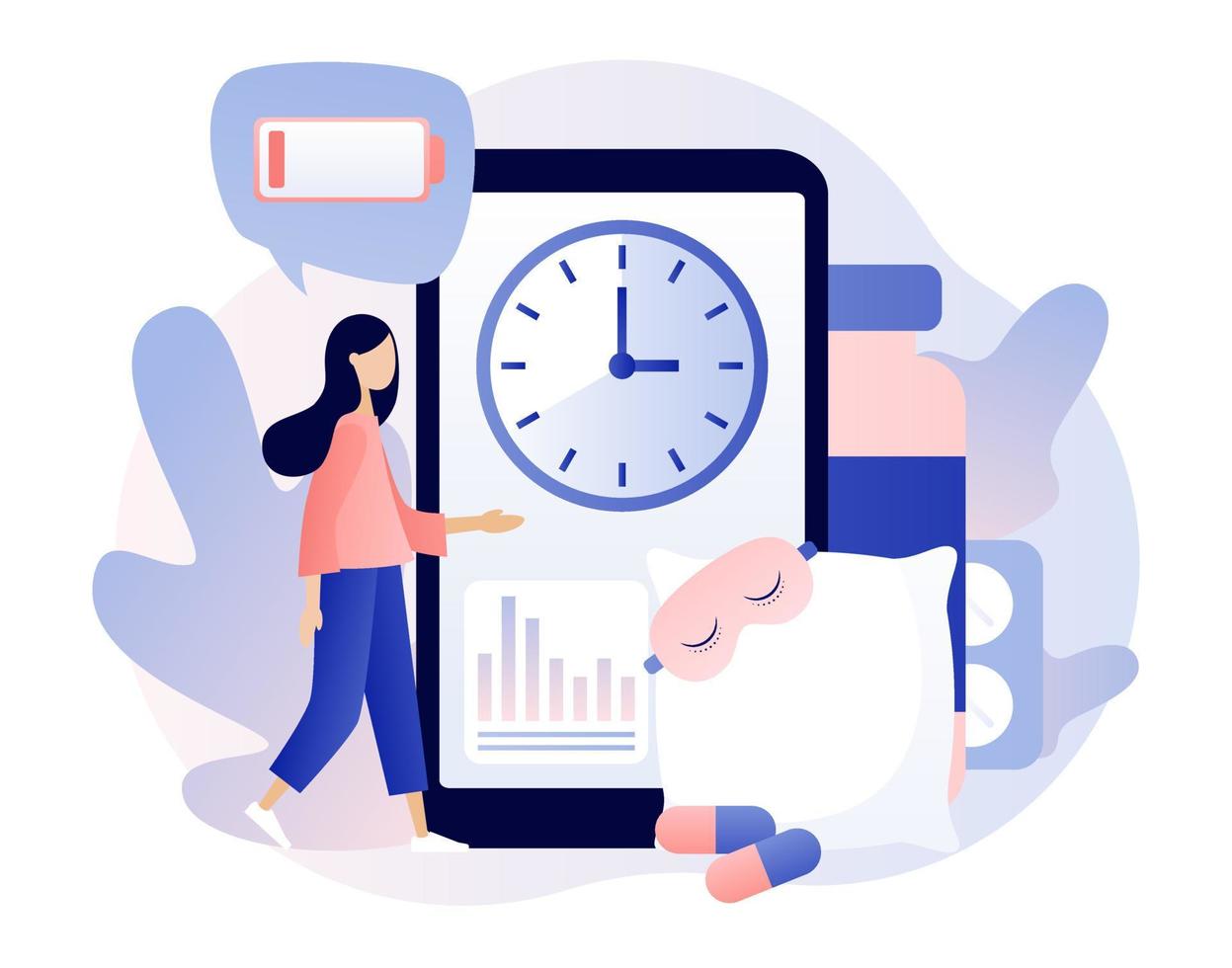 Sleep control in smartphone app. Tiny girl suffers from insomnia. Alarm clock, sleeping pills, mask. Stress, depression and sleeping problems. Modern flat cartoon style. Vector illustration