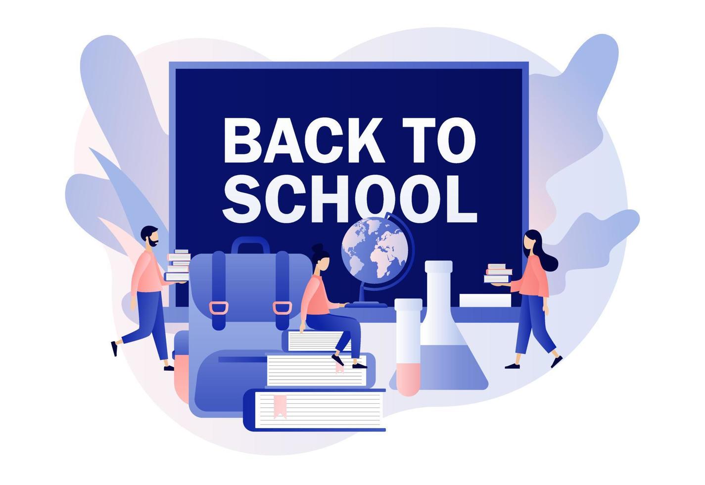 Back to School. Education concept. Tiny people with big blackboard, backpack, educational tools, school stationery, globe and books. Modern flat cartoon style. Vector illustration on white background